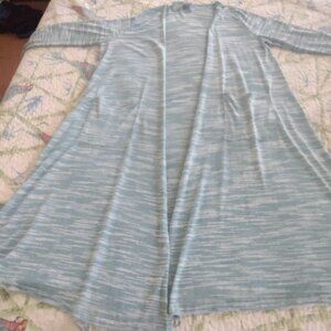 LuLaRoe Sarah Cardigan Womens L Blue White Mid-Calf Rayon Poly Boho Duster